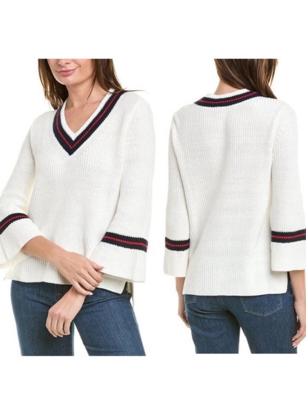 Cabi Faye Ace Pullover White Bell Sleeve V-neck Sweater Preppy Academia Sz S